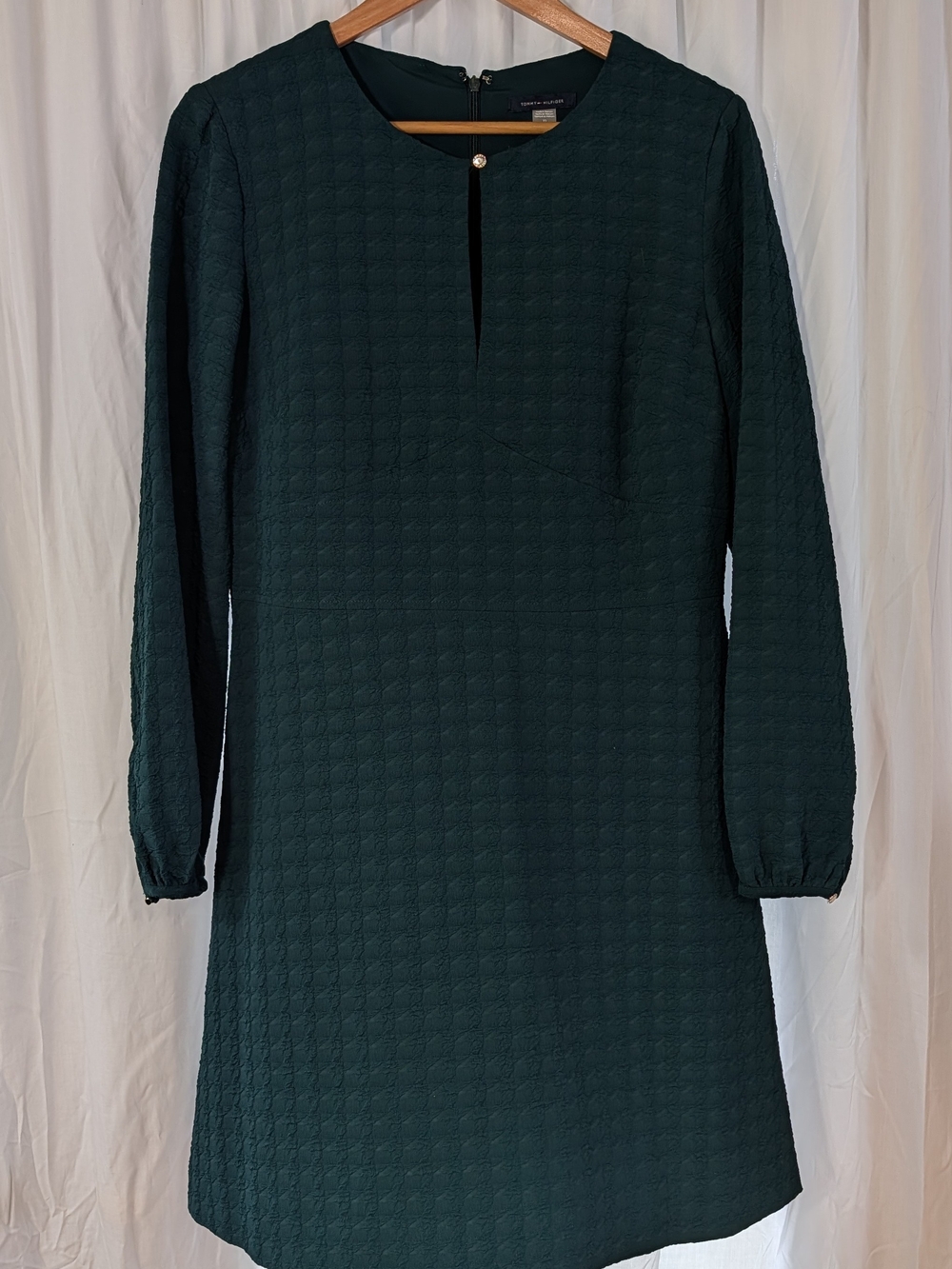 Tommy Hilfiger Dark Green Textured Long-Sleeve Keyhole Neckline Dress Size 12